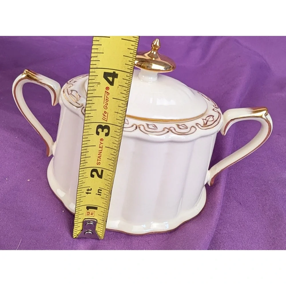 Olympia Creamer & Sugar Bowl With Lid Set White With gold trim Ribbed Oval NIB